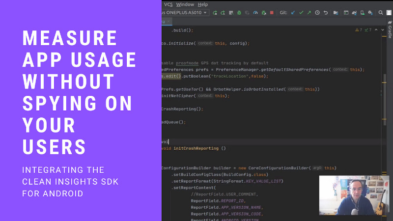 Screenshot of several lines of code and a small video screencap of a white man in glasses, with a cover title that reads "Measure App Usage Without Spying On Your Users"